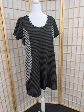 Midi Dress Gray Striped plus size 1X Scoop Neck lagenlook artsy soft goth dark
